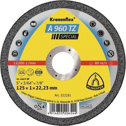 Режущий круг для обшивки - A 960 TZ Special - KLINGSPOR - для нержавеющей стали / тонкий / для угловой шлифовальной машины