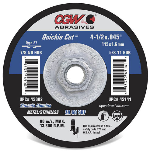 Режущий круг для стали - 45001 - CGW Abrasives - для нержавеющей стали / из оксида алюминия / циркониевый