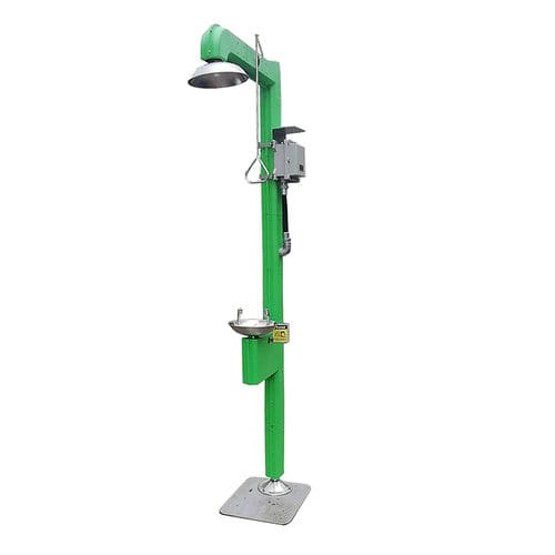 Установленный аварийный душ на платформе - DAAO6615-E - shanghai DaAo safety equipment Co.LTD - с фонтаном для промывки глаз / из пластика / с паровым котлом