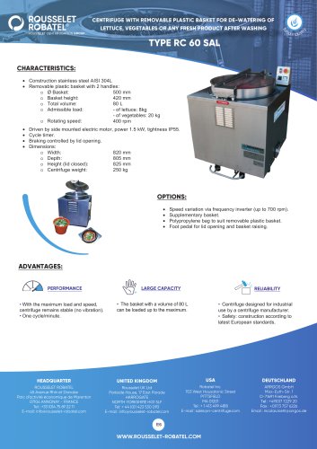 Centrifuge with removable plastic basket for de-watering of lettuce, vegetables or any fresh product after washing type RC60 SAL