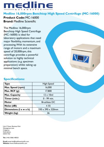 Medline 16,000rpm Benchtop High Speed Centrifuge (MC-16000)