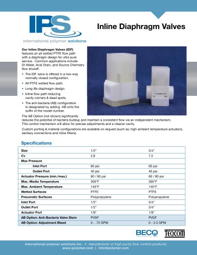 IPS PTFE Inline Diaphragm Valve Catalog