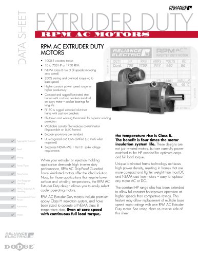 RPM AC motor for extruder duty