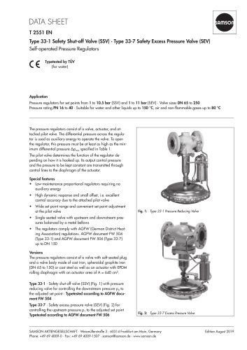 Type 33-1 Safety Shut-off Valve (SSV) · Type 33-7 Safety Excess Pressure Valve (SEV)