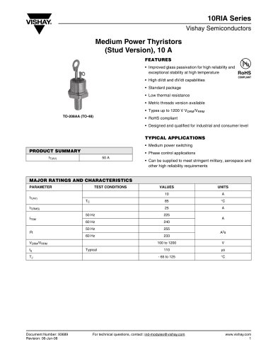 10RIA Series THYRISTORS - PHASE CONTROL DISCRETE