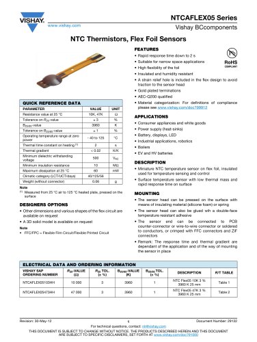 NTCAFLEX05 Series RESISTORS, NON-LINEAR - AUTOMOTIVE TEMPERATURE SENSING