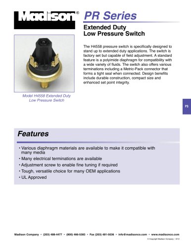 Catalog page: Extended Duty Low Pressure Switch