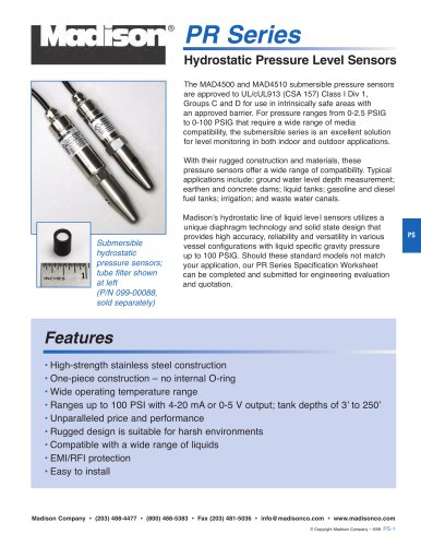 Catalog page: Hydrostatic Pressure Level Sensors