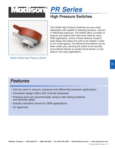 Catalog page: Pressure Switches - PR Series