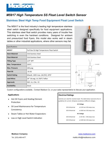 High Temperature Liquid Level Sensors and Float Switches