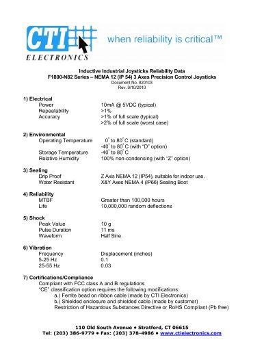 F1800-N82 Series 3-Axis NEMA 12 (IP54) Industrial Joystick Reliability Data