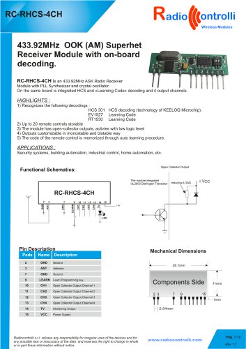 433.92MHz AM Superhet Receiver Module with on-board decoding.