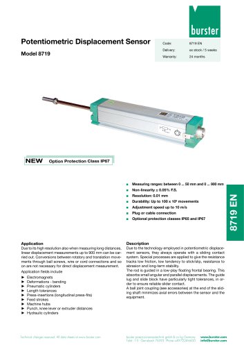 Potentiometric Displacement Sensor Model 8719