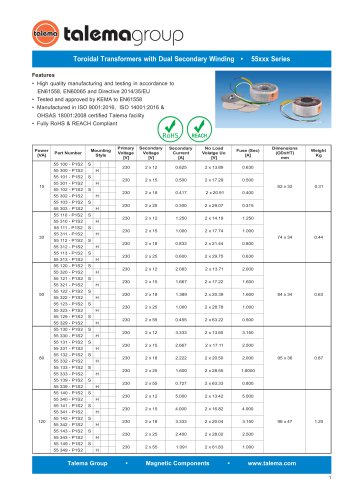 Toroidal Transformers with Dual Secondary Winding • 55xxx Series