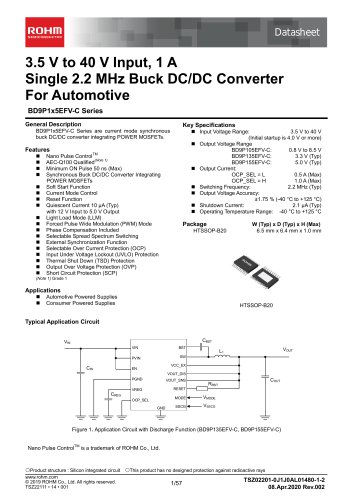 3.5 V to 40 V Input, 1 A Single 2.2 MHz Buck DC/DC Converter For Automotive BD9P1x5EFV-C Series