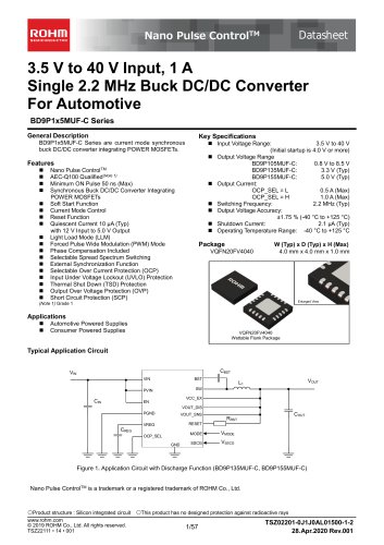 3.5 V to 40 V Input, 1 A Single 2.2 MHz Buck DC/DC Converter For Automotive BD9P1x5MUF-C Serie