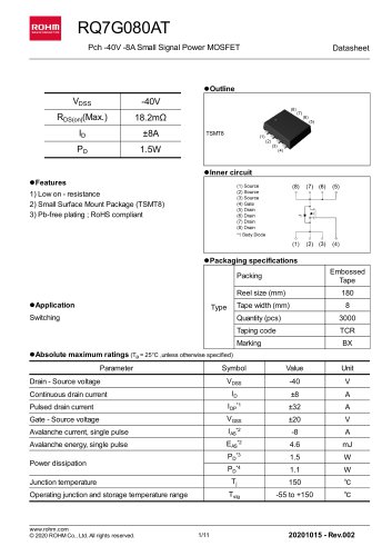 RQ7G080AT Pch -40V -8A Small Signal Power MOSFET