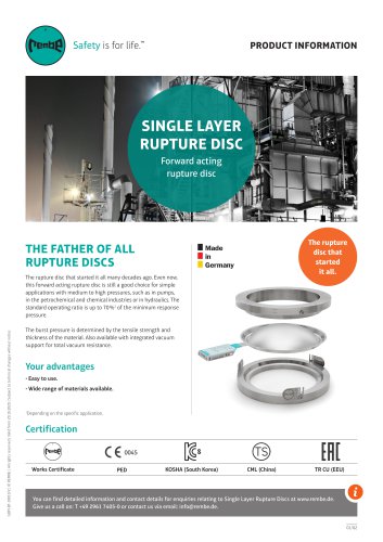 SINGLE LAYER RUPTURE DISC