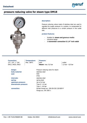 pressure reducing valve for steam type DM18