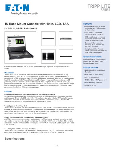 1U Rack-Mount Console with 19 in. LCD, TAA MODEL NUMBER: B021-000-19