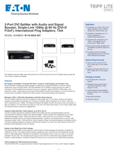 2-Port DVI Splitter with Audio and Signal Booster, Single-Link 1080p @ 60 Hz (DVI-D F/2xF), International Plug Adapters, TAA MODEL NUMBER: B116-002A-INT