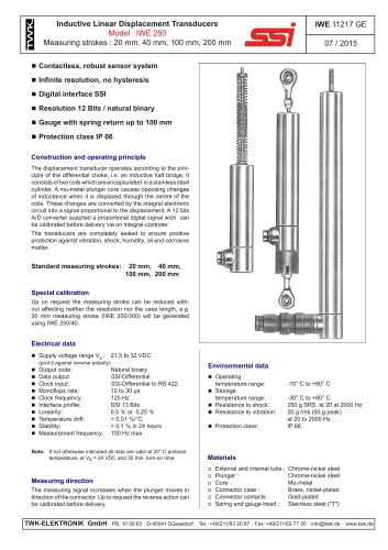 Inductive linear displacement transducers IWE250