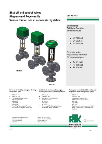 Control valve in two-way or three-way design with electric or pneumatic actuator 5200-AR-7010