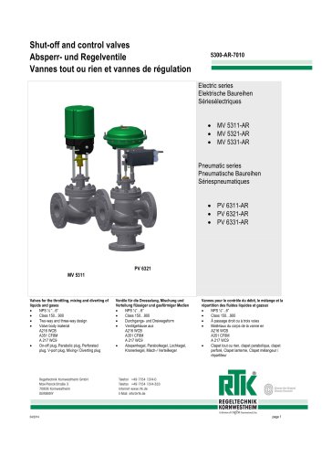 Control valve in two-way or three-way design with electric or pneumatic actuator 5300-AR-7010