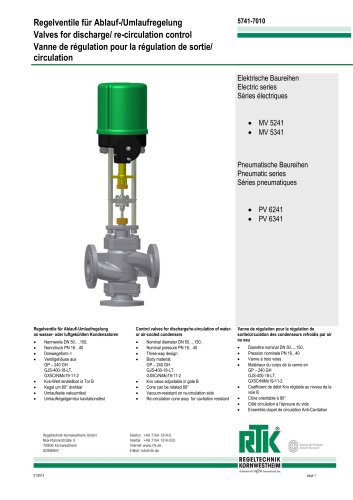 Control valves for regulating flow/circulation MV 5241/ MV 5341 PV 6241/ PV 6341