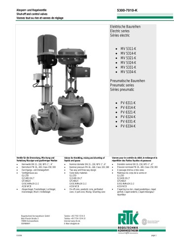 Electric and pneumatic control valves (refrigeration control) MV 5200K PV 6200K