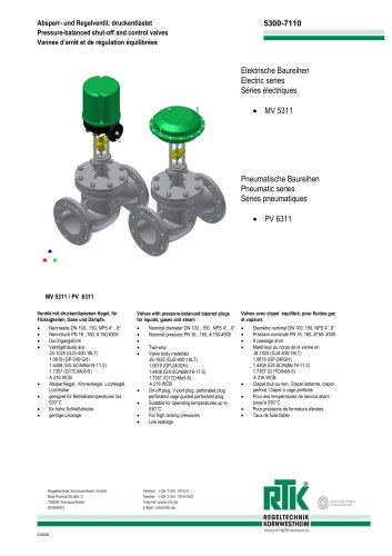 Pressure-balanced Shut-off and control valves MV 5311 / PV 6311