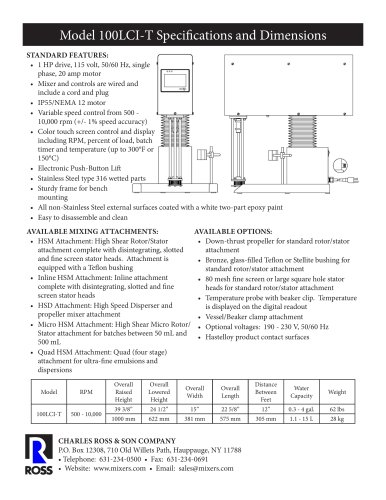 Model 100LCI-T Specifications and Dimensions