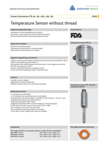 TFP-49, -69, -169, -189, -06 Temperature Sensor without thread