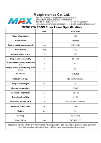 Maxphotonics CW Fiber Laser MFSC-200W Air Cooled Laser Cutting Specification