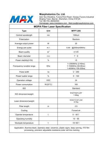 MFPT-20S Specification MOPA20S fiber laser source from Maxphotonics