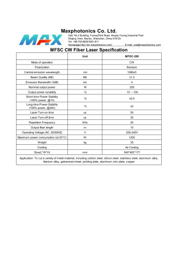 MFSC-200 Maxphotonics CW200W fiber laser source for cutting air cooled