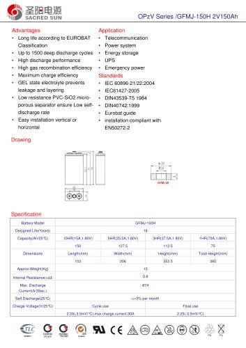 Sacred Sun  OPzV tubular gel battery GFMJ-150H