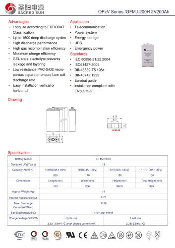 Sacred Sun  OPzV tubular gel battery GFMJ-200H