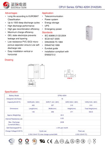 Sacred Sun  OPzV tubular gel battery GFMJ-420H