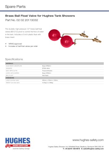 Brass Ball Float Valve for Hughes Tank Showers Datasheet