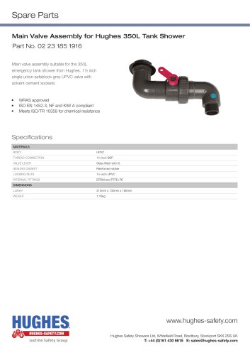 Main Valve Assembly for Hughes 350L Tank Shower Datasheet