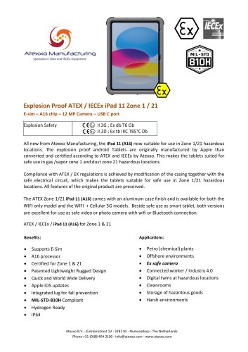 Product flyer explosion proof iPad 11&rdquo; (Ex Zone 1)