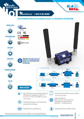 BeanDevice 2.4GHz HI-INC XRange - High Performance Wireless Inclinometer with built-in datalogger - datahseet