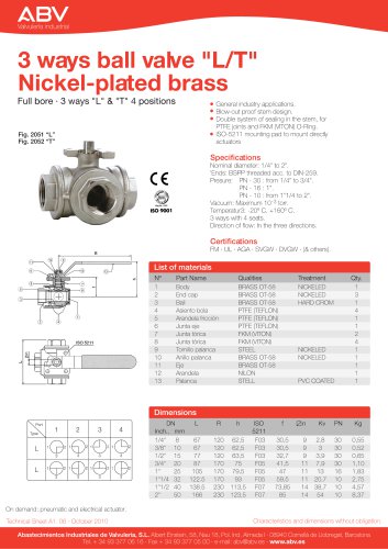 3 ways ball valve “L/T” Nickel-plated brass