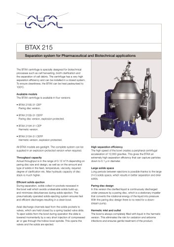 BTAX Series - Separation system for Pharmaceutical and Biotechnical applications