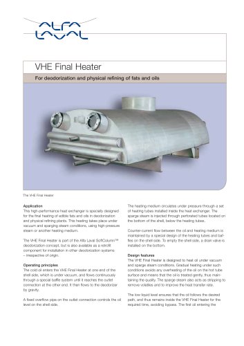 VHE Final heater for deodorization and physical refining of fats and oils