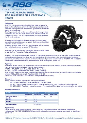 TECHNICAL DATA SHEET RSG 700 SERIES FULL FACE MASK