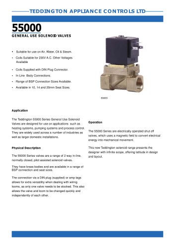 55000 General Solenoid Range, 2 Way Pilot Assisted, Normally Closed.