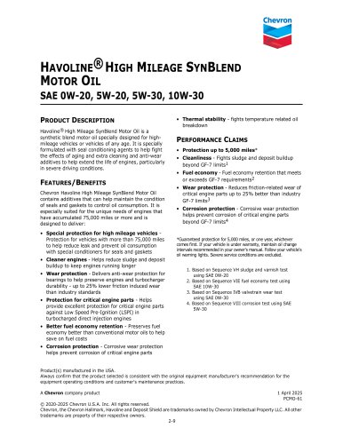 HAVOLINE&reg; HIGH MILEAGE SYNBLEND MOTOR OIL
