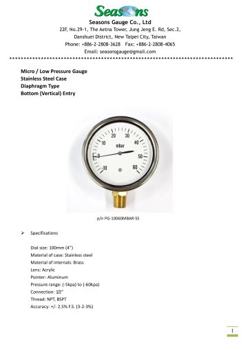 Seasons Gauge 100mm (4") Diaphragm Stainless Steel Low Pressure Gauge Bottom Entry